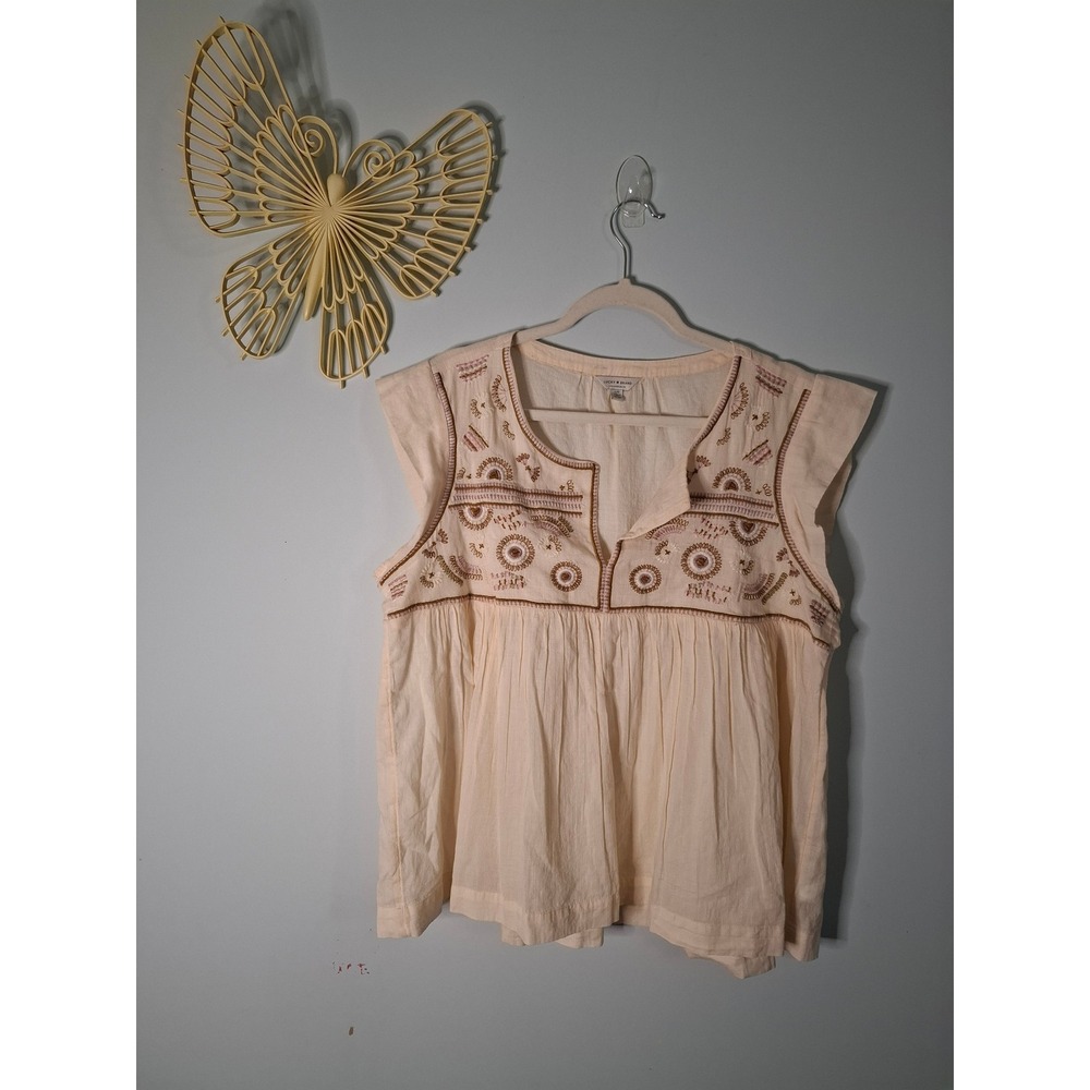 Lucky Brand Embroidered Cotton Gauze Babydoll Top Peach Large